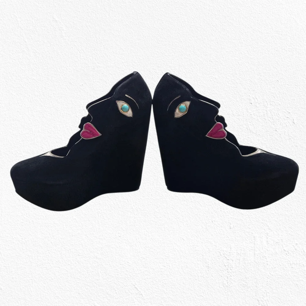 Dolce & Gabbana Face Wedge Platform Black Suede Platino Statement Heels EU 36.5 - Picture 6 of 16
